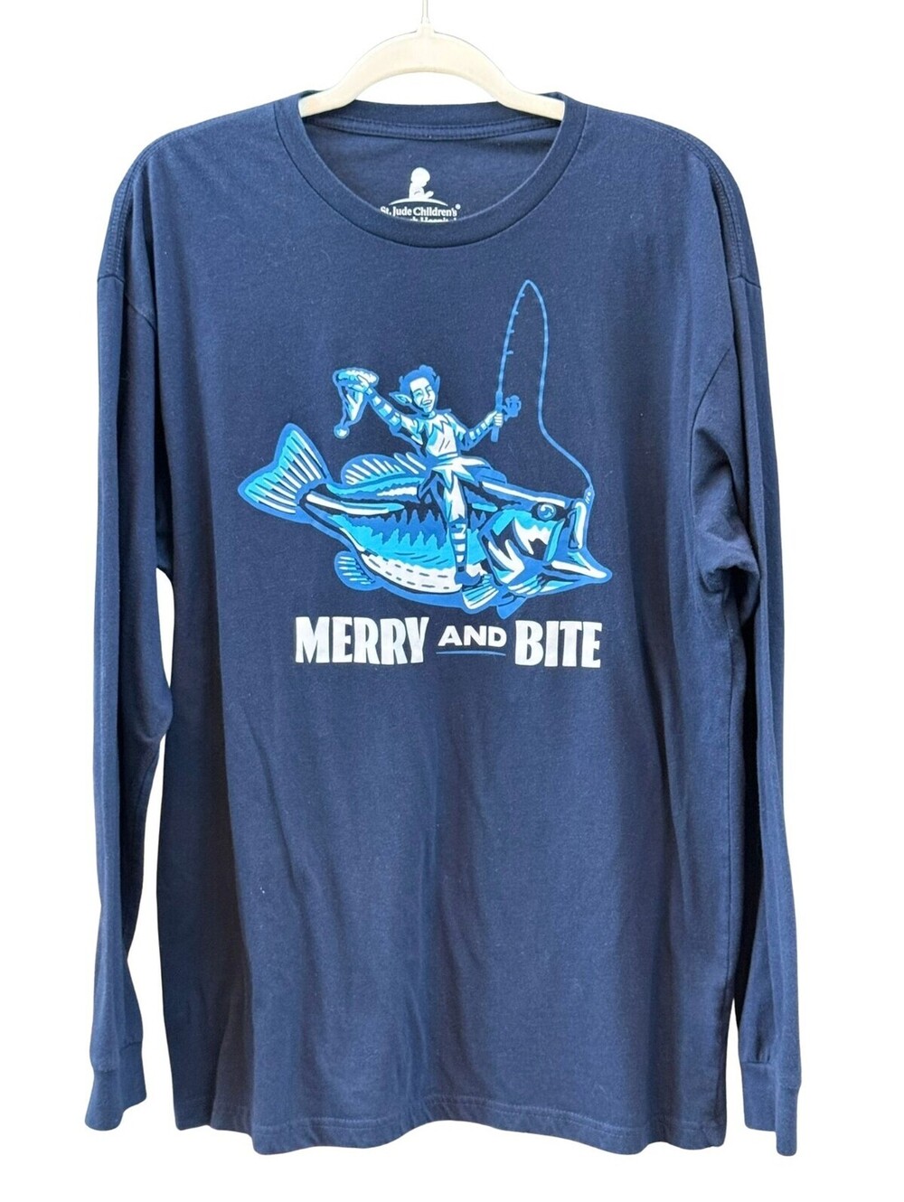 St. Jude Merry and Bite Fishing Christmas Long Sleeve Shirt XL Blue